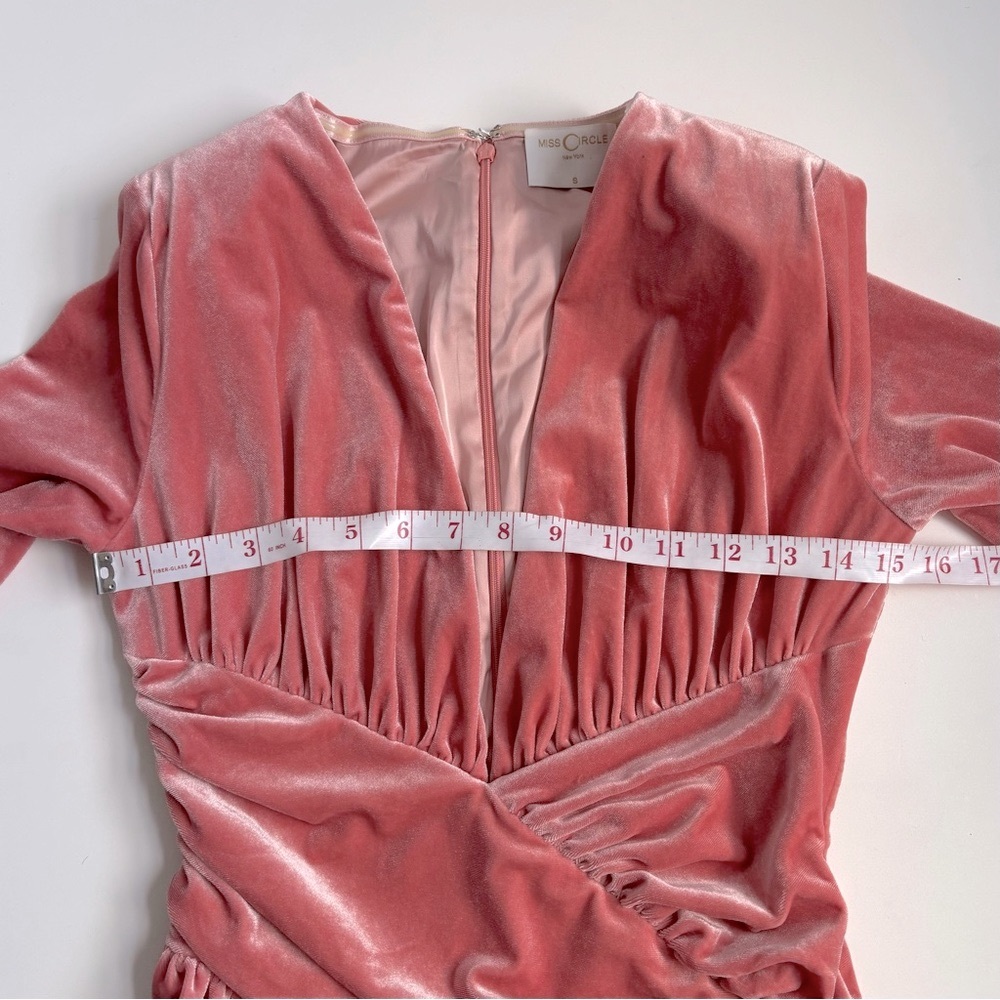 Miss Circle Velvet Velour Ruched Overlap Longsleeeve Mini Dress Salmon Pink - Picture 12 of 17